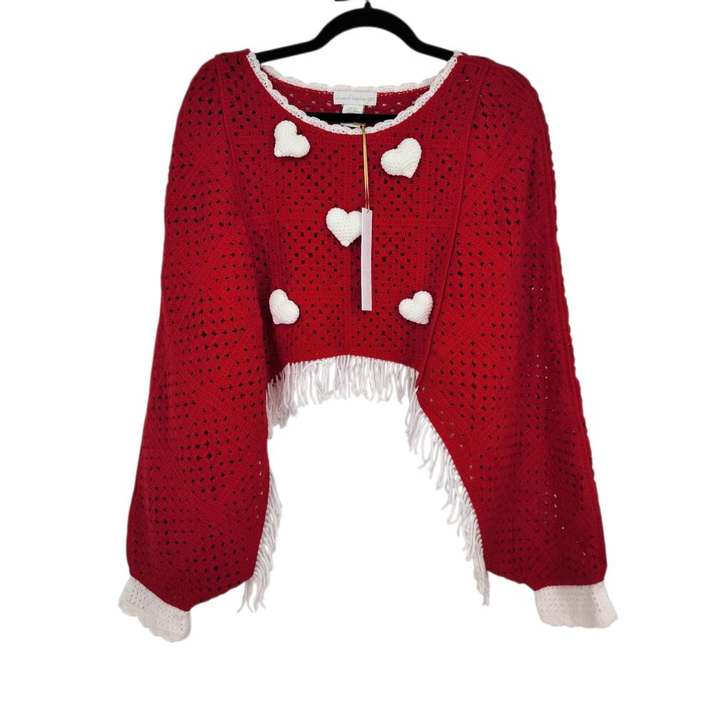 NWT House Of Harlow 1960 Red & White Heart Fringe Crop Crochet Sweater One Size